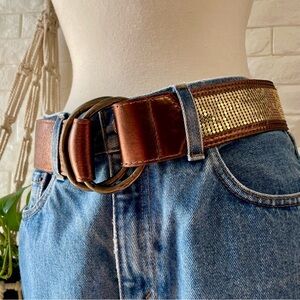 Streets Ahead 54134 Leather and Gold-Tone Chain Mesh Belt Italian Brass Buckle